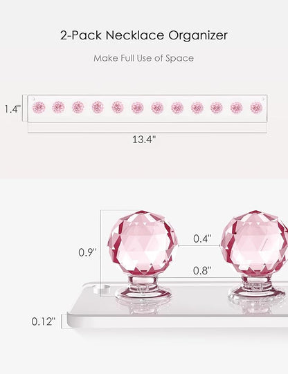 Heesch Necklace Holder Pink, Acrylic Necklace Hanger Wall Mount, Hanging Necklace Organizer, Jewelry Hooks for Necklaces, Bracelets, Chains (2-pack Pink)