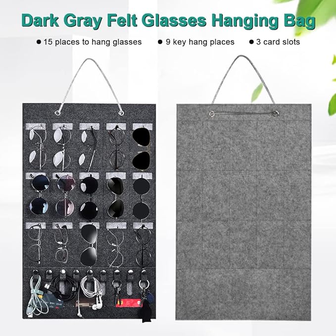 Eyeglass Organizer Storage 15 Compartments Felt Sunglasses Organizer with 2 Hooks Eyeglass Storage Organizer Hanging Bag for Glasses
