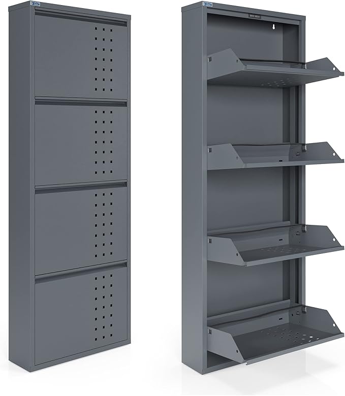 4 Tier Metal Shoe Cabinet with Cover, Durable Shoe Storage Organizer for Entryway, Space Saving Shoe Shelf Closet with Front Ventilation Holes, 5.91" x 53.5" x 19.68", Anthracite