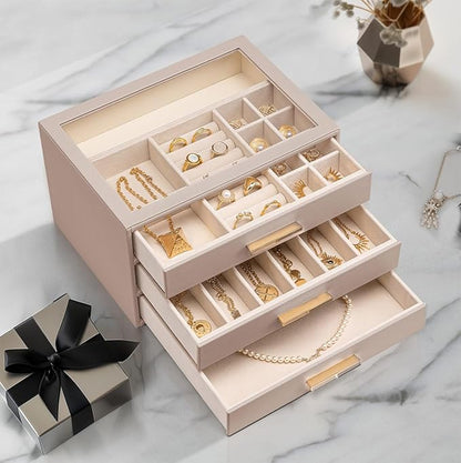 VLANDO Jewelry Box for Women, 3-Layer Jewelry Organizer with Drawers, Glass Lid Display Jewelry Storage, Soft PU Leather Exterior, Contrast Gold Metal Handles, Refined Style – Milky coffee color