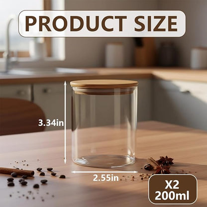 2PCS 200ml/6.7oz Glass Food Storage Containers Airtight Canisters Food Jars with Bamboo Wooden Lids Pantry Organization for Sugar Candy Coffee Bean Tea Rice and Spice Jars