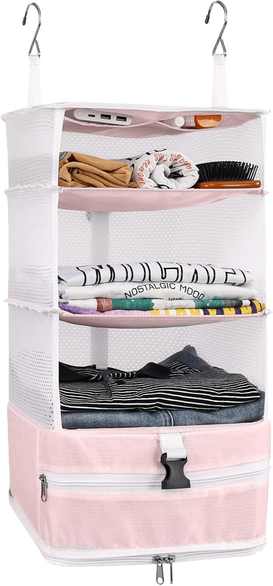 Surblue Hanging Closet Storage Bag Collapsible 3-Shelf Washable Oxford Fabric with 2 Hooks (L 11.41 * 11.41 * 19.68in, Pink)