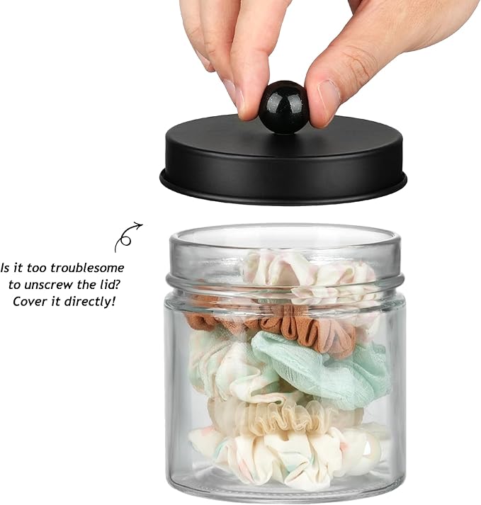 SheeChung Bathroom Organizers and Storage - 4Pack Qtip Holders Bathroom Canister Apothecary Jars for Cotton Swabs, Rounds, Balls, Qtips,Makeup Sponges, Flossers,Bath Salts - Black