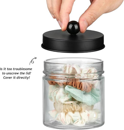 SheeChung Bathroom Organizers and Storage - 4Pack Qtip Holders Bathroom Canister Apothecary Jars for Cotton Swabs, Rounds, Balls, Qtips,Makeup Sponges, Flossers,Bath Salts - Black