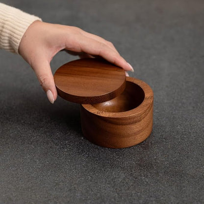 SiamMandalay Wooden Salt Cellar Box or Wood Spice Storage Container with Swivel Lid (6 oz,170 grams) – Countertop Handmade Acacia Herb, Tea Leaf, Sugar or Seasoning Holder Kitchen Accessory