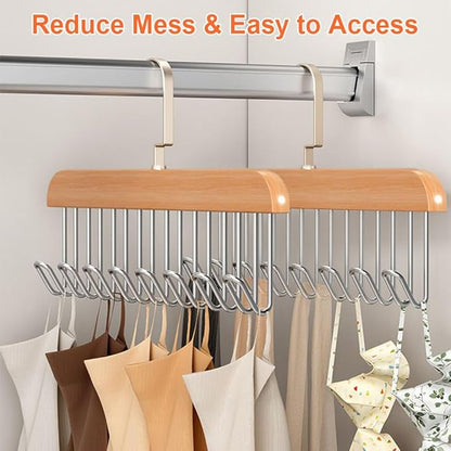 2 Pack Belt Hanger with 16 Hooks, Non-Slip Wooden Skid-Proof Belt Holder, Space-Saving Rotating Display Rack for Belts, Tops, Hats