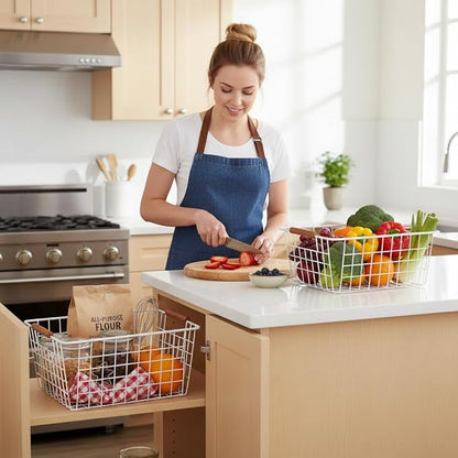 4 Pack White Large Wire Baskets for Organization Metal Wire Food Storage Basket Organizer with Wooden Handles for Organizing Kitchen Cabinets