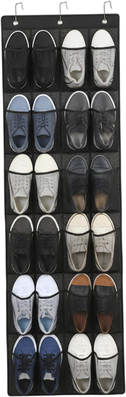 Shoe Hanger for Door 24 Mesh Pocket Over the Door Shoe Organizer Space Saving Hanging Storage Holder with Hooks 64x19 Inch Black, Hanging Organizer