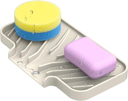 Sponge Holder for Kitchen Sink, Dish Sponge Holder & Soap Tray with Drain, Bathroom Sink Sponge Drying Rack & Perfect Organizer for Dispenser,Bottle,Cup on Sinks or Counter(8"x 4"Cream)