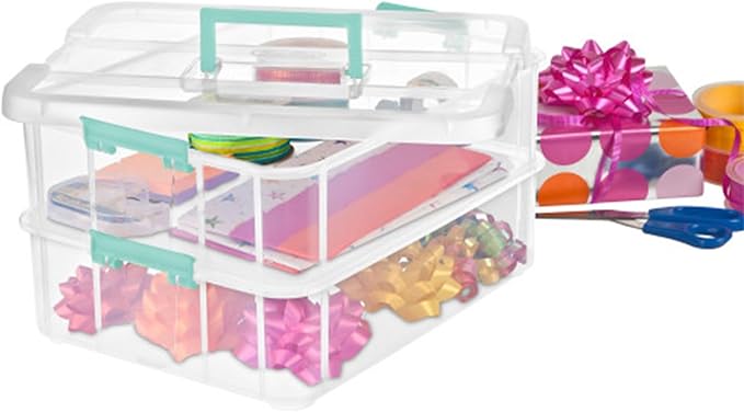 Sterilite 4-Pack Stack & Carry, 2 Layer Handle Box for Home & Office Storage - Clear Base & Lid with Color Latches, Organizer for Art & Craft Supplies, Sewing Tools or 8.5" x 11" Paper
