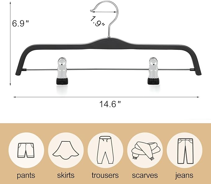 TOPIA HANGER Wooden Pants Hangers,Slim Natural Wood Skirt Hangers with Anti-Rust Hook and Adjustable Metal Clips, Perfect for Skirts,Pants,Slacks-10 Pack-CT17B