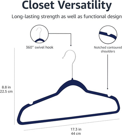 Amazon Basics Slim Velvet Non-Slip Space Saving Suit Clothes Hangers for Closet Organization, Navy Blue/Silver, 50-Pack