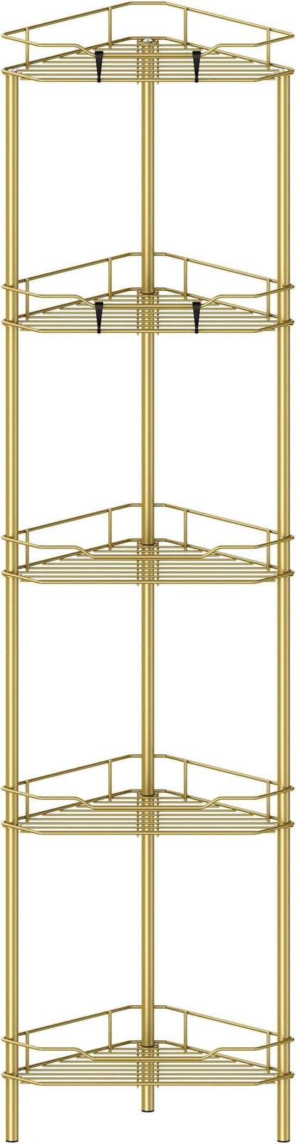 HuggieGems 5 Tier Floor Standing Corner Shower Caddy Organizer Shelf with Hooks, Bathroom Shelves Stand Rack, Gold