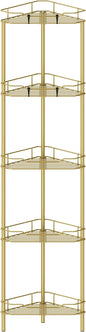 HuggieGems 5 Tier Floor Standing Corner Shower Caddy Organizer Shelf with Hooks, Bathroom Shelves Stand Rack, Gold
