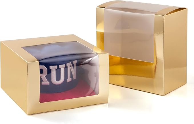 LADYBRO Gold Gift Boxes with Window Display for Hat Storage Containter for Baseball Caps (Fitted, Snapbacks, Trucker), 7.8" x 7.8" x 4.8", 10 Pack