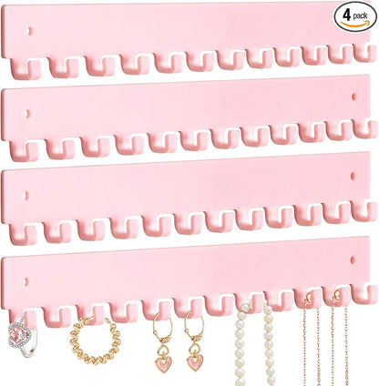 Acrylic Necklace Holder 4 Pack Wall Mounted Necklace Organizer Hanging Jewelry Organizer with 12 Hooks for Necklaces, Bracelets, Rings and Bangles Display Pink