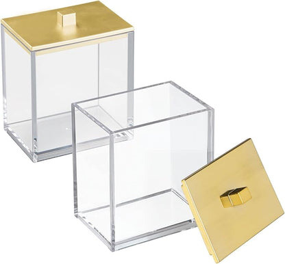 mDesign Plastic Rectangle Apothecary Canister - Organizer for Bathroom Vanity Countertop Shelf Decor - Holds Cotton Swabs, Soap, Makeup, Bath Salts - Lumiere Collection - 2 Pack - Clear/Gold