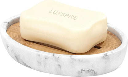 Luxspire Bamboo Soap Dish, Resin Soap Holder with Drainage, Oval Wooden Soap Dish for Shower, Bathroom, Sink, Kitchen and Countertop, Gravel White