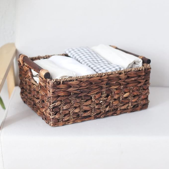 Storage Basket made by Water Hyacinth with Wood Handles, Arts and Crafts. (RectangleA-Large)