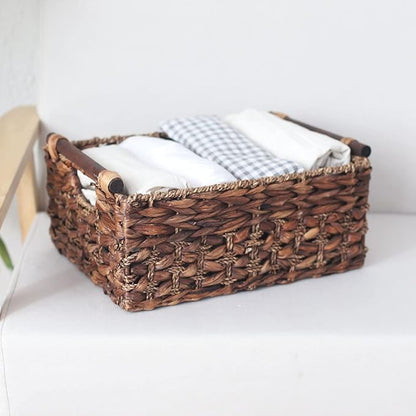 Storage Basket made by Water Hyacinth with Wood Handles, Arts and Crafts. (RectangleA-Large)