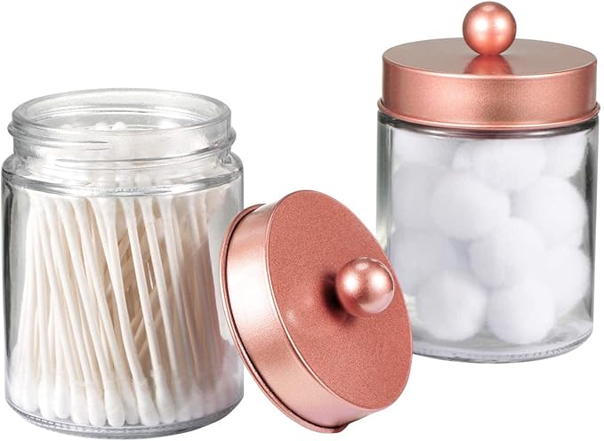 Amolliar Apothecary Jars Bathroom Storage Organizer -Countertop Storage Organizer Canister - Attractive Qtip Dispenser Holder Glass with Lid- for Cotton Swabs,Bath Salts,Hair Band / 2-Pack(Rose Gold)