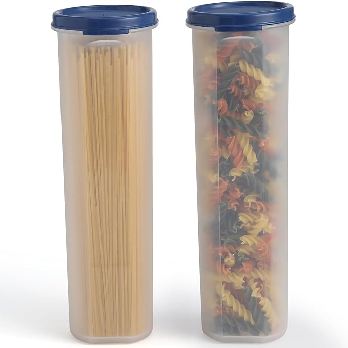 Tall Clear Spaghetti Pasta Container Storage With Lid-2 Pk.Multi-Purpose Kitchen Pantry Organization And Food Storage For Noodles Beans Straws - Airtight Leakproof Spaghetti Keeper BPA Free 37 oz.