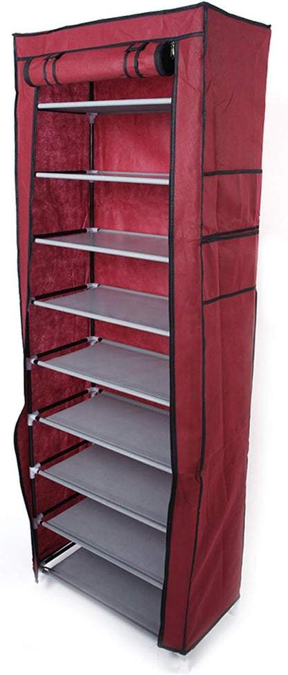 lapday 10 Tier Shoe Rack with Covers, Narrow Tall Shoe Shelf with Side Pocket, Free Standing Shoe Storage Cabinet for Closet Hallway,Bedroom,Entryway (Wine Red)