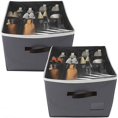 2 Pack Shoe Organizer for Closet，Foldable Shoe Storage Organizer with Clear Cover and Sturdy Handles,Fits 12-16 Pairs (gray)