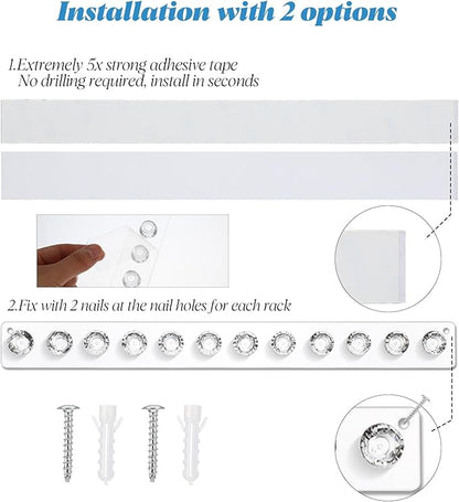 4-Pack Acrylic Necklace Holder, Necklace Hanger Wall Mount, Diamond Shape Jewelry Organizer with 12 Hooks for Necklaces, Bracelets, Chains - Clear Crystal Display Rack for Women