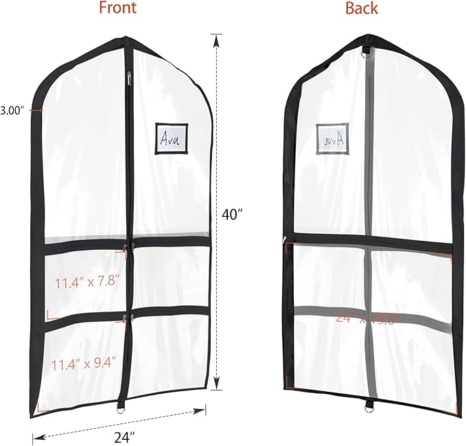 Univivi Clear Garment Bags for Dance Costumes, 40 Inch Dance Costume Garment Bags for Dancers, with 4 Medium Clear Zipper Pockets and 1 Large Back Zippered Pocket (Black, 2 Pack)