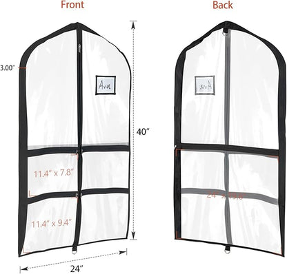 Univivi Clear Garment Bags for Dance Costumes, 40 Inch Dance Costume Garment Bags for Dancers, with 4 Medium Clear Zipper Pockets and 1 Large Back Zippered Pocket (Black, 2 Pack)