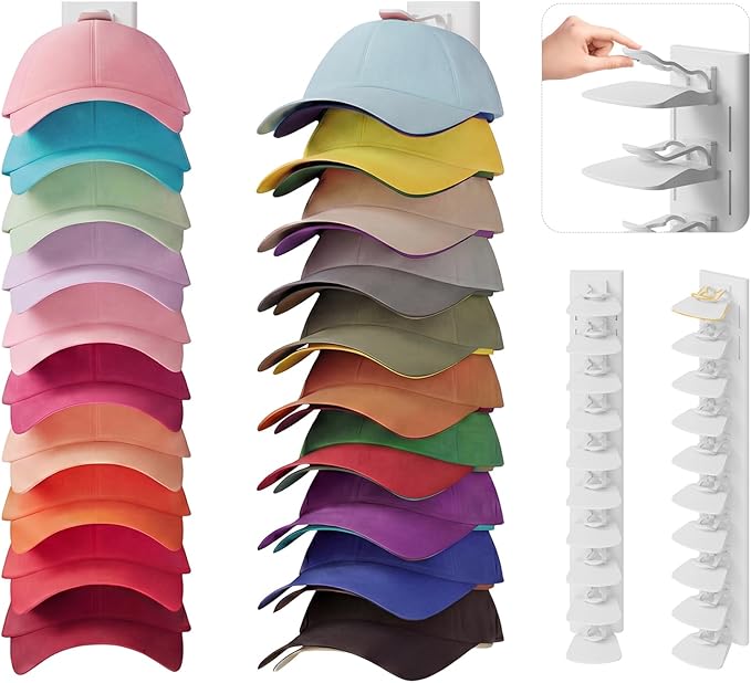 YOUDENOVA Hat Organizer for Baseball Caps, 2 Pack Hat Rack for Wall Hold up to 40 Hats, Adhesive Hat Storage Display for Wall and Closet Doors, White