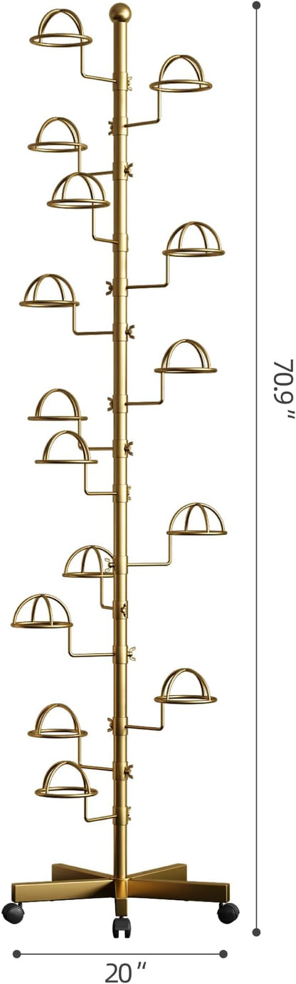 Hat Rack with 15 Circular Hooks Floor Hat Stand Freestanding Hats Rack Stand Adjustable Metal Hats Tree Organizer Rack Display Standing Suitable for Home Store Commercial, Gold