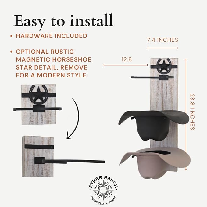 Ryker Ranch Cowboy Hat Rack for Wall | Western Hat Rack for Cowboy Hats | Rustic White Wood and Metal Cowboy Hat Holder for Wall | Cowboy Hat Hanger for Farmhouse Decor