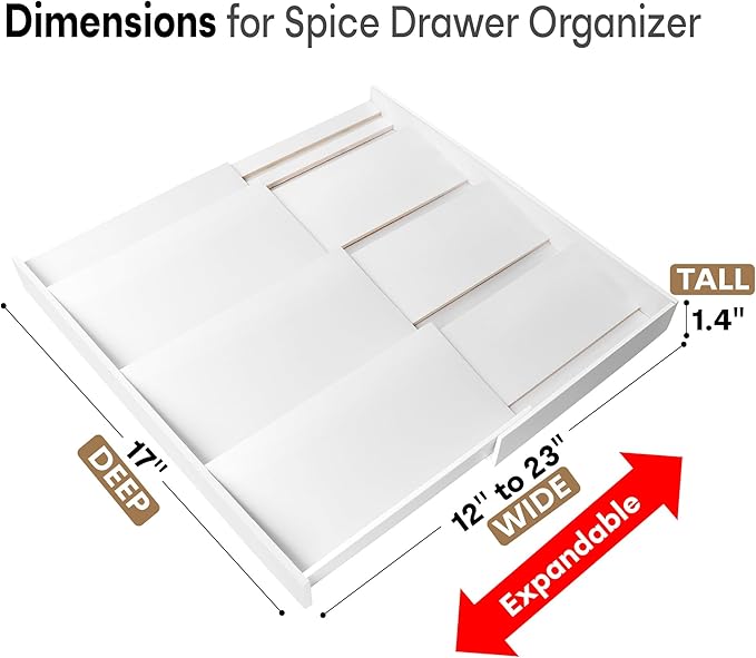 Bamboo Spice Drawer Organizer, (Need 3.1” Deep Drawer) Expandable 4 Tier Spice Rack for Cabinet (From 12" to 23" Wide), Seasoning Storage Insert, Spice Organizer for Drawer,Jars Not Included