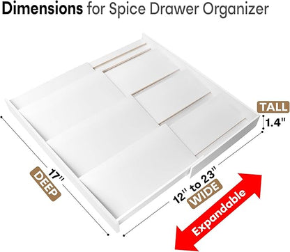 Bamboo Spice Drawer Organizer, (Need 3.1” Deep Drawer) Expandable 4 Tier Spice Rack for Cabinet (From 12" to 23" Wide), Seasoning Storage Insert, Spice Organizer for Drawer,Jars Not Included