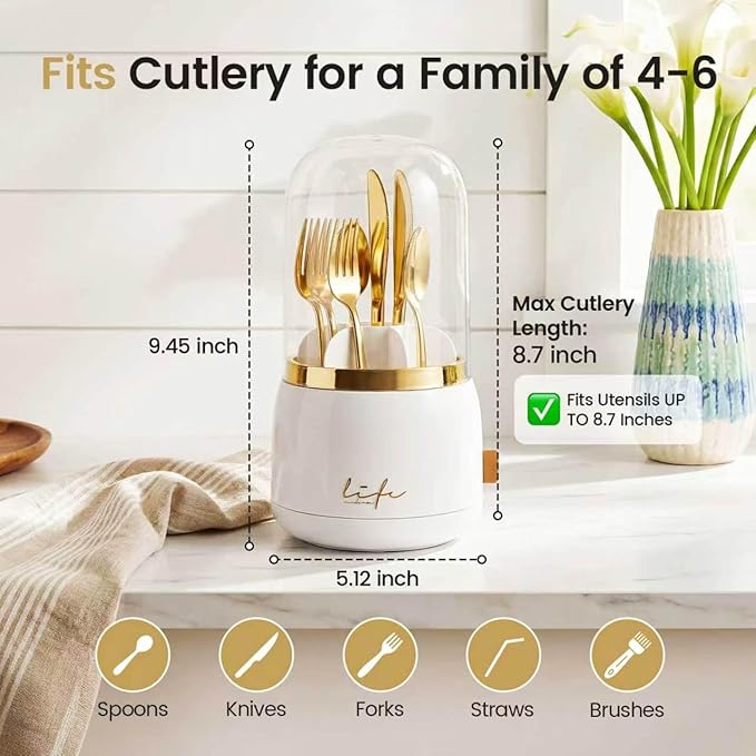 360° Utensil Holder Silverware Organizer with Lid,Kitchen Countertop Flatware Organizer and Countertop Storage(Fits Max 8.7" Utensils),Forks,Spoons Organizer,for RV,Party,Coffee Bar,picnic