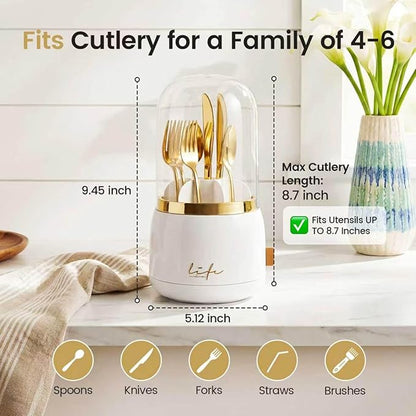 360° Utensil Holder Silverware Organizer with Lid,Kitchen Countertop Flatware Organizer and Countertop Storage(Fits Max 8.7" Utensils),Forks,Spoons Organizer,for RV,Party,Coffee Bar,picnic