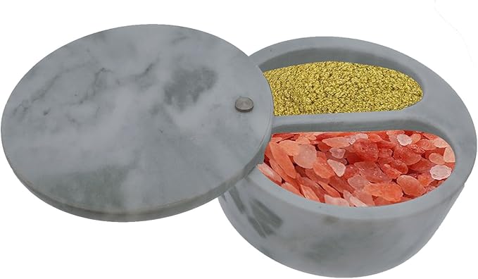 Kerixi Marble Salt Cellar and Storage Box with Two Compartments Salt Box with Swivel Lid for Storing Spice (Gray white)