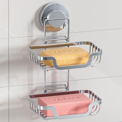 LEVERLOC 2 Tier Soap Holder, Soap Bar Dish for Shower Wall Mounted, Stainless Steel Suction Cup Sponge Holder for Bathroom Bathtub Kitchen Sink, Waterproof, Removable, Keep Dry, Silver