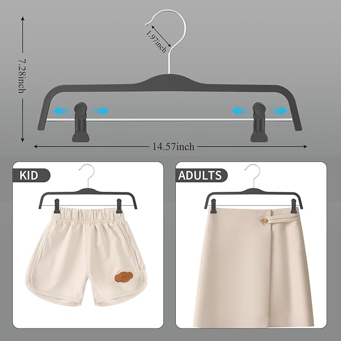 HUADYMEET 10 Pack 14 Inch Pants Skirt Hangers Non Slip,Plastic Jeans Trousers Hangers with Adjustable Clips and Swivel Hook for Women,Men,Heavy Duty Space Saving Clothes Hanger for Shorts,Slacks,Grey