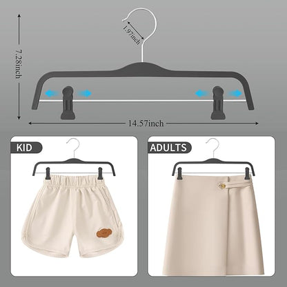 HUADYMEET 10 Pack 14 Inch Pants Skirt Hangers Non Slip,Plastic Jeans Trousers Hangers with Adjustable Clips and Swivel Hook for Women,Men,Heavy Duty Space Saving Clothes Hanger for Shorts,Slacks,Grey