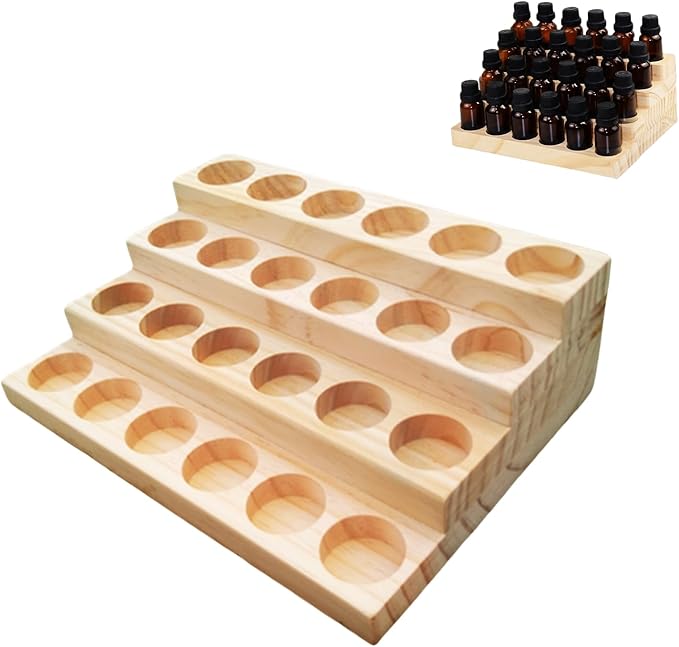 Essential Oil Display Stand 4 Tier Essential Oil Holder Solid Wood Essential Oil Rack for 24 Bottles Tabletop Display Holder Bottle Organizer for 5-20ml Bottles Display for Essential Oils