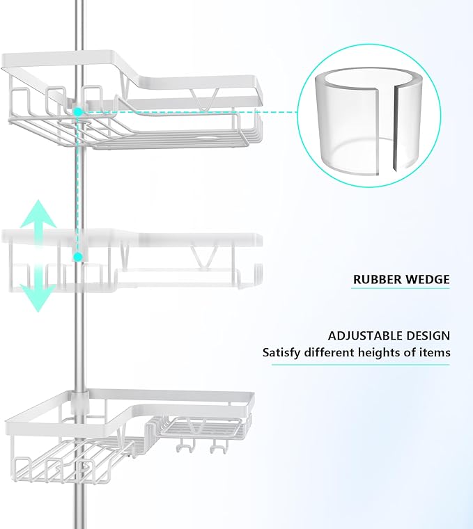 DAOYA Shower Caddy Tension Pole Corner - Stainless Steel Bathroom Organizer White Tension Rod Shower Shelves for Tub(22-114.2inch), Renter Friendly