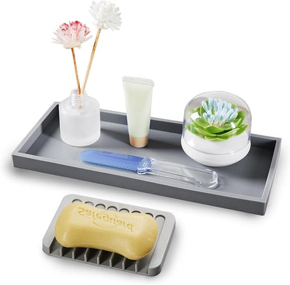 Bloss Silicone Tray Set for Bathroom/Kitchen Counter - 11.8x5.1 inch Bathroom Soap Dispenser Tray and Soap Holder, Silicone Vanity Trays Countertop Organizer for Scrubber, Perfume, Jewelry, Candle