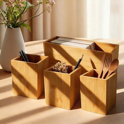 Silverware Caddy for Party, Wood Utensil Holder with 4 Compartments Paper Plate Dispenser for Kitchen Countertop Organizing Paper Plate, Fork, Spoon, Napkin