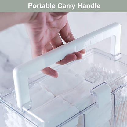 KIMCHOMERSE Large Qtip Holder, Cosmetic Organizer with Carry Handle, Adjustable 3 Compartments Qtip Dispenser for Swabs, Cotton Pads, Small Items Storage Organizer for Desktops and Drawers - Clear