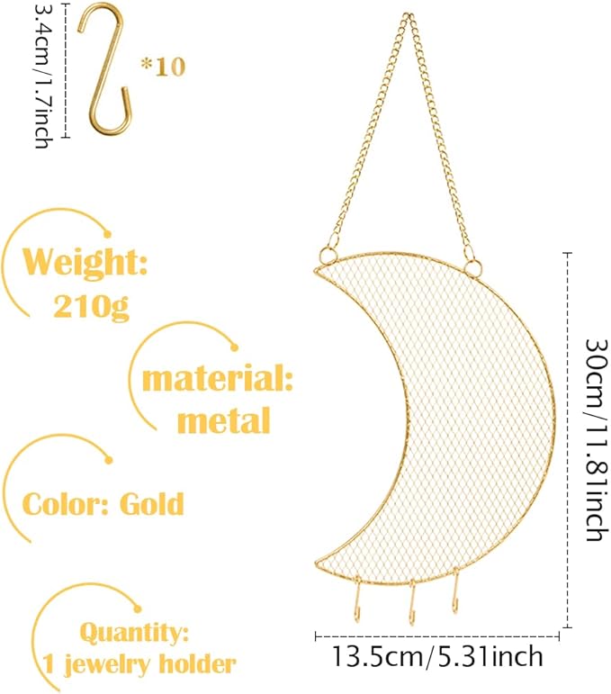 Rolin Roly Earring Wall Holder Wall Mounted Jewelry Rack Hanging Earring Organizer with3 Hooks Moon Shaped for Display Grid Golden Bracelet Necklace Ring