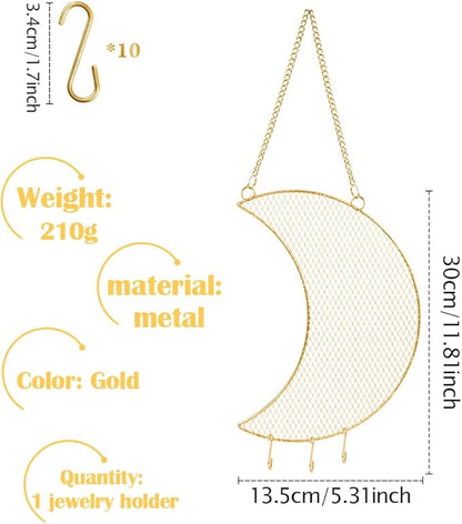 Rolin Roly Earring Wall Holder Wall Mounted Jewelry Rack Hanging Earring Organizer with3 Hooks Moon Shaped for Display Grid Golden Bracelet Necklace Ring