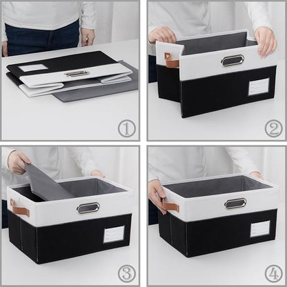 PRANDOM Foldable Storage Bins with Handles [3-Pack] Fabric Collapsible Storage Boxes Baskets Cubes Containers with Handles for Closet Living Room Bedroom (Black & White 14.9x9.8x8.3'')